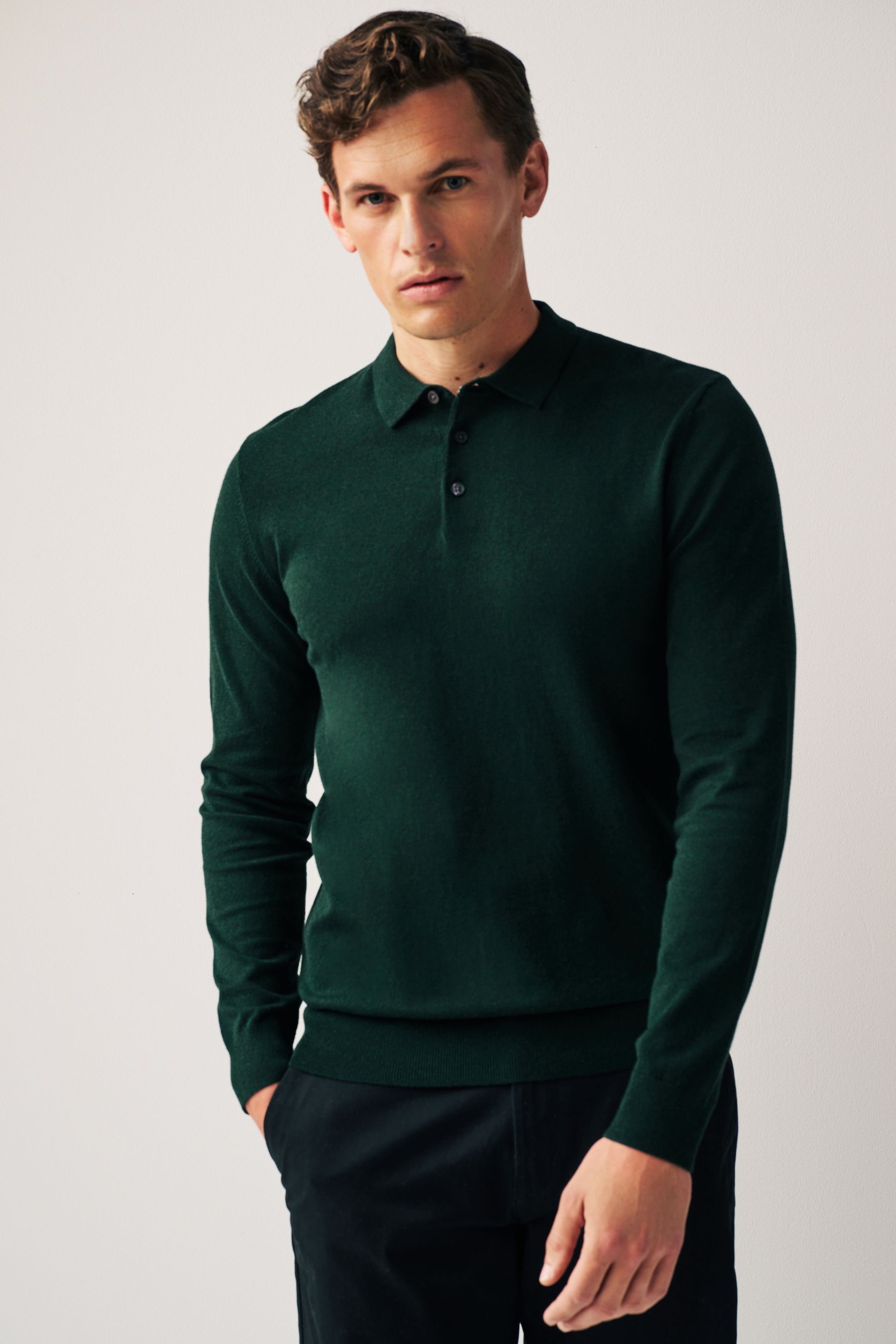Dark Green Regular Knitted Long Sleeve Polo Shirt