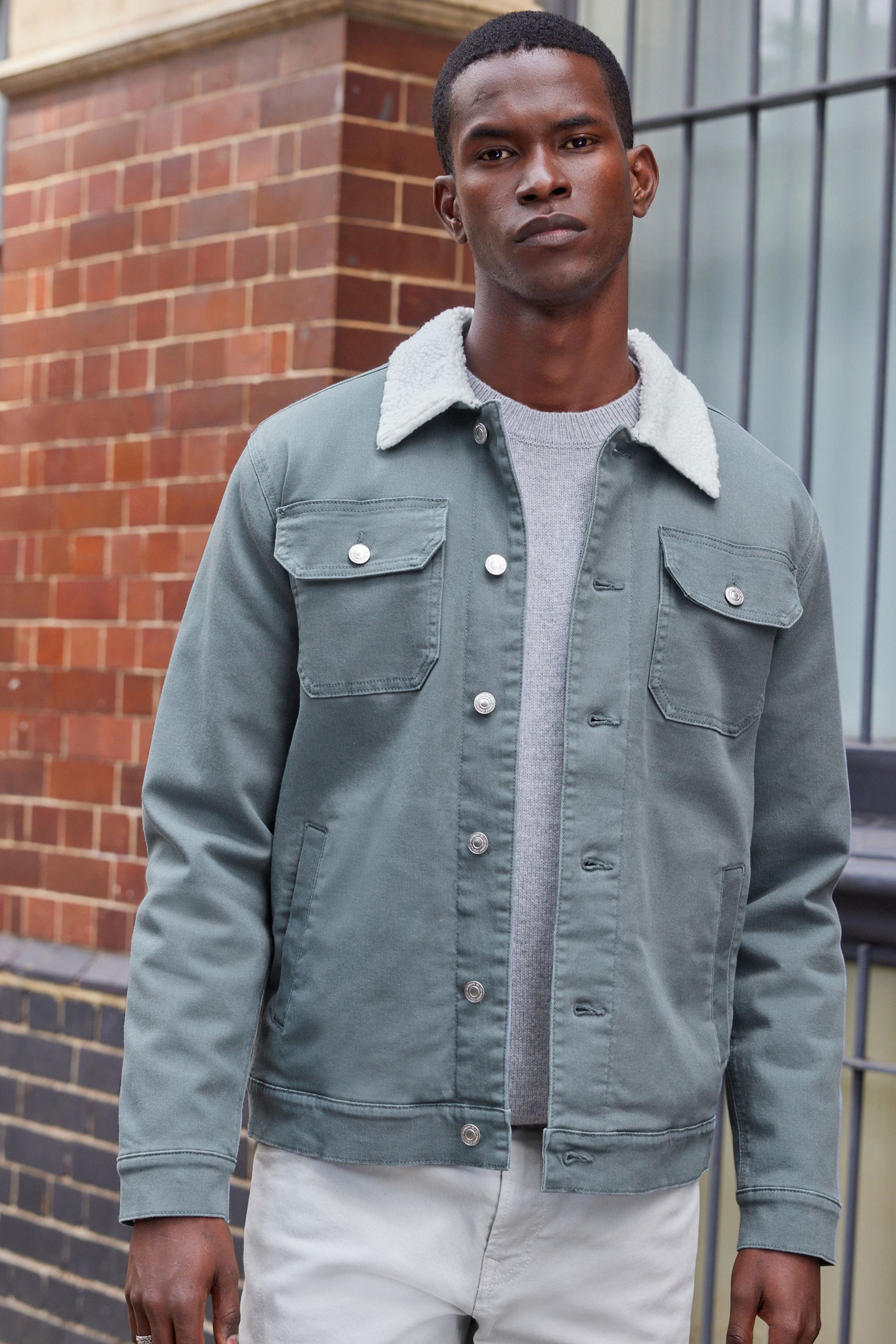 Buy Blue Borg Collared Denim Trucker Jacket from the Next UK