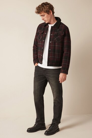 Red Checked Borg Collared Trucker Jacket