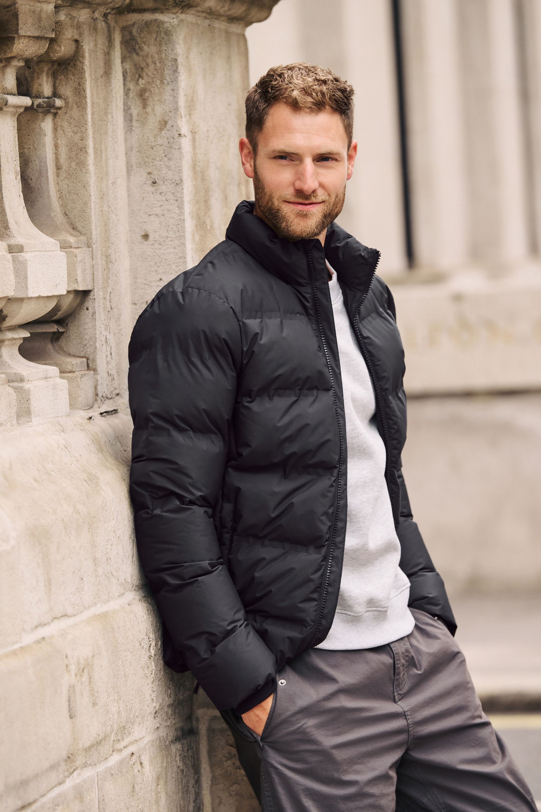 Buy Black Non Hooded Shower Resistant Hooded Puffer Jacket from