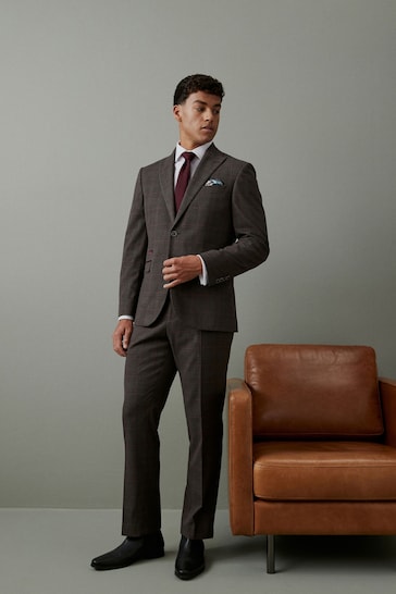 Brown Slim Trimmed Check Suit: Jacket
