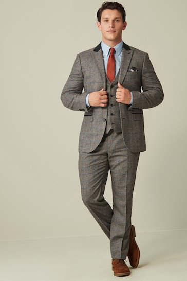 Grey Tailored Fit Nova Fides Wool Blend Trimmed Check Suit Trousers
