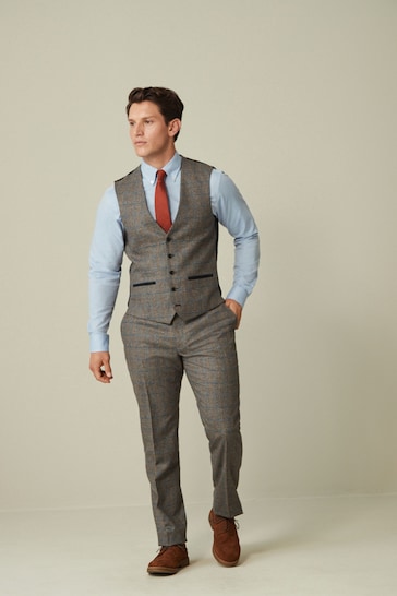 Grey Nova Fides Wool Blend Trimmed Check Suit Waistcoat