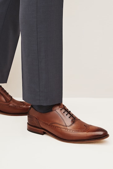 Dark Tan Brown Leather Oxford Wing Cap Brogue Shoes