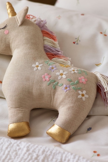 Natural Embroidered Unicorn Toy Cushion