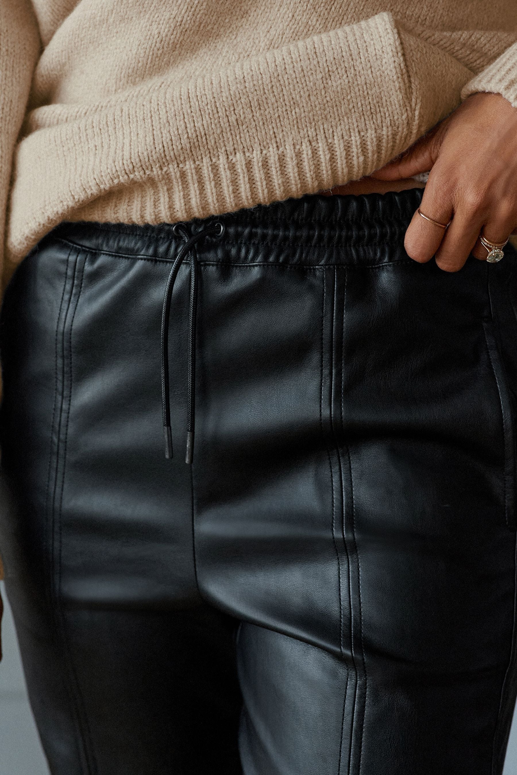 Black faux sale leather jogger trousers