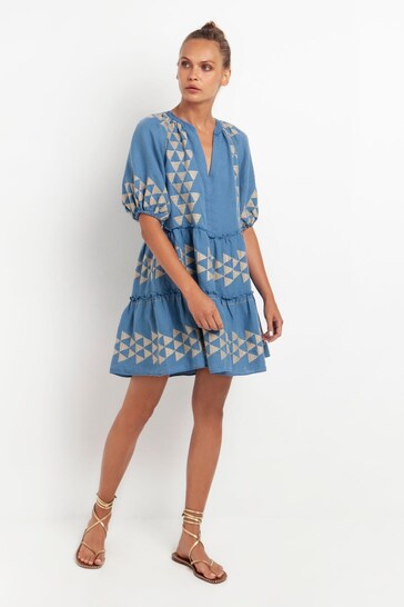 Greek Archaic Kori Blue Linen Mini Dress With Puff Short Sleeves