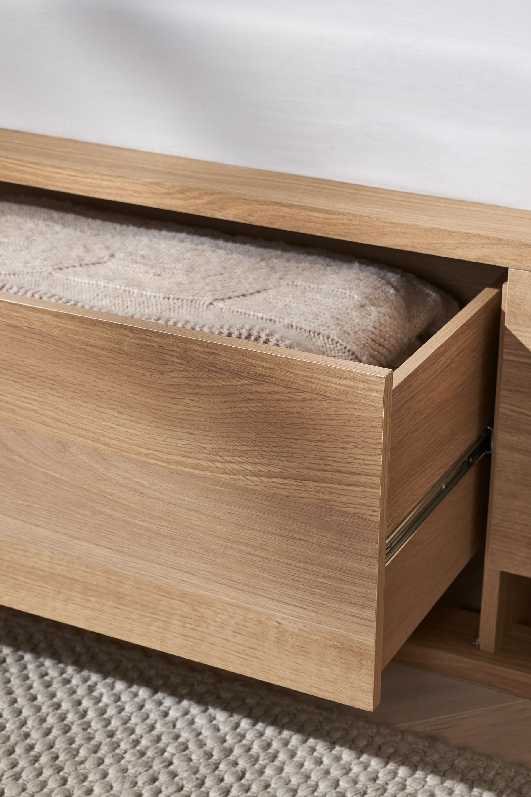 Queen bed shop pedestal with drawers