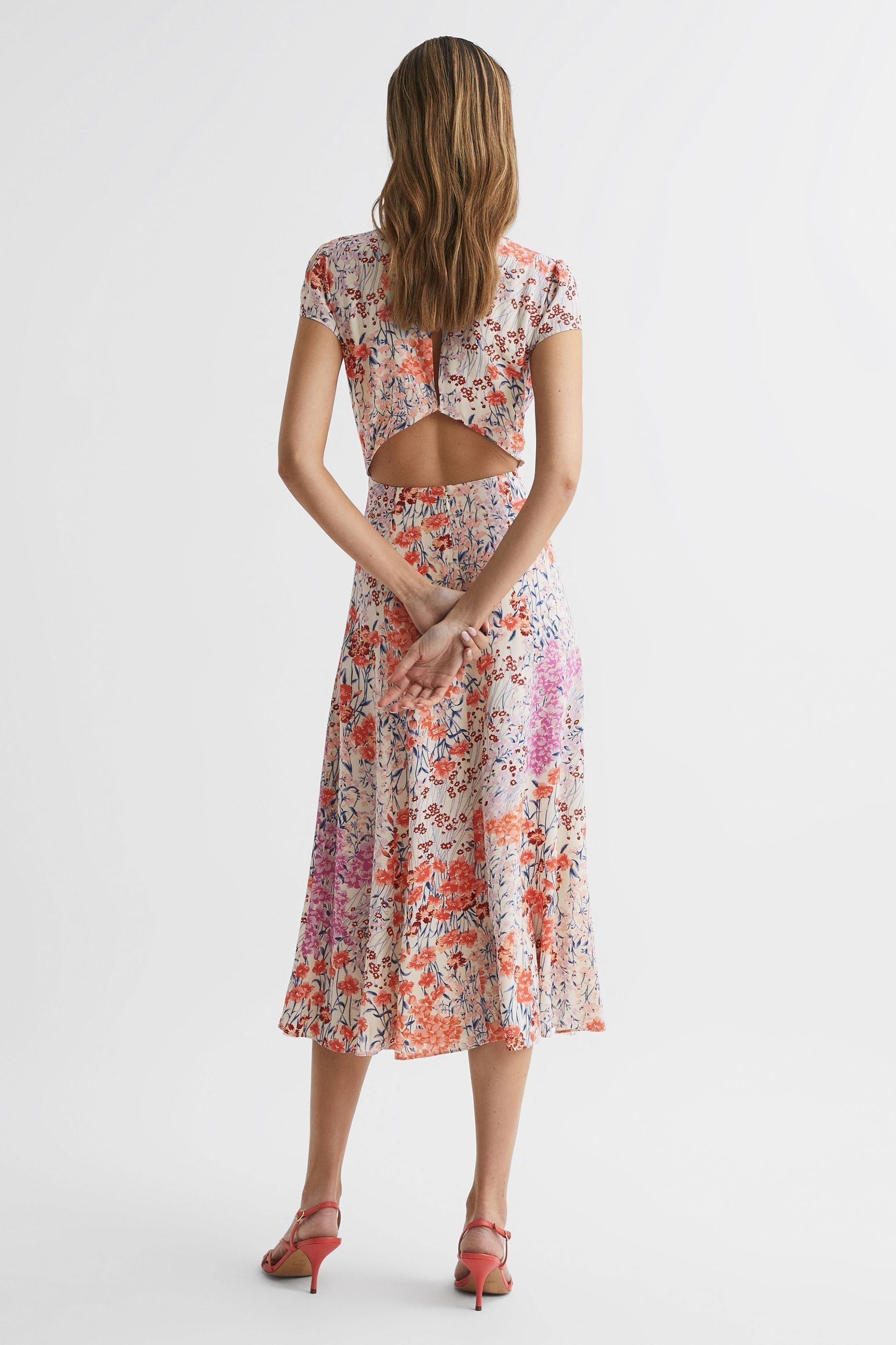 Reiss Coral White Luna Floral Print Cap Sleeve Dress