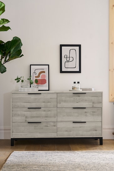 Grey Bronx Oak Effect 6 Drawer Wide Chest of Drawers
