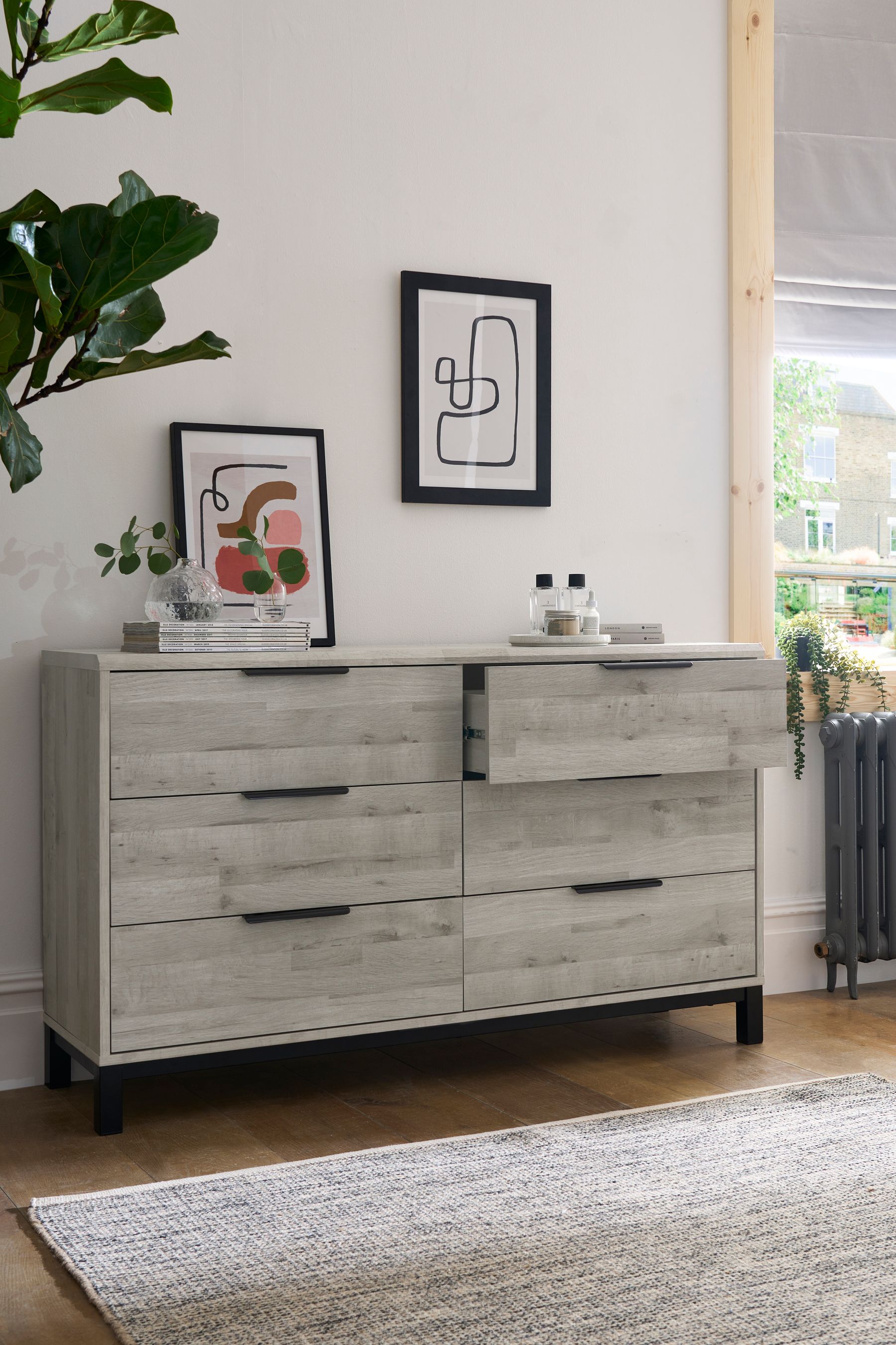 Grey Bronx Oak Effect 6 Drawer Wide Chest of Drawers