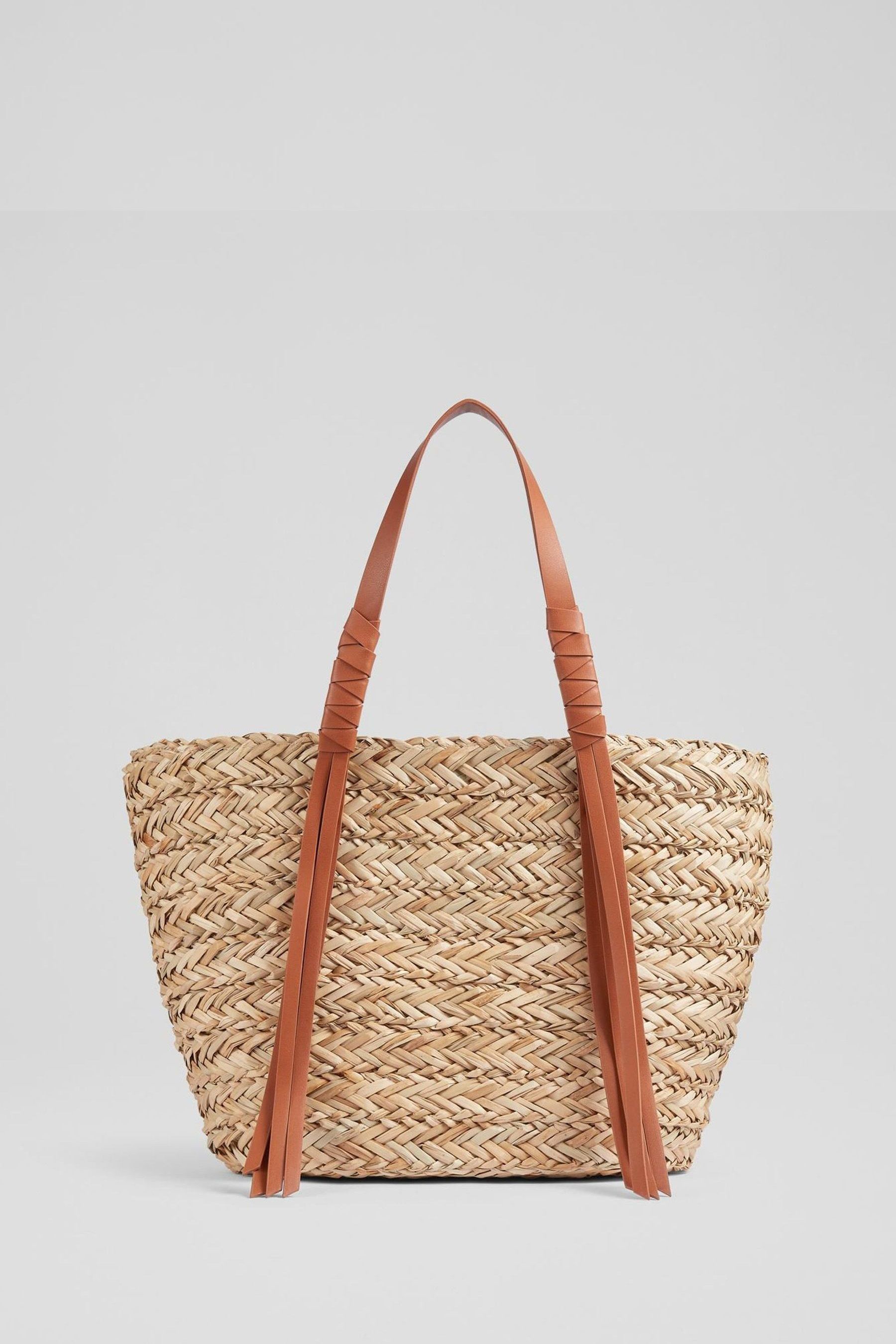 Buy LK Bennett Violetta Tan Brown Leather Tassel Straw Bag from