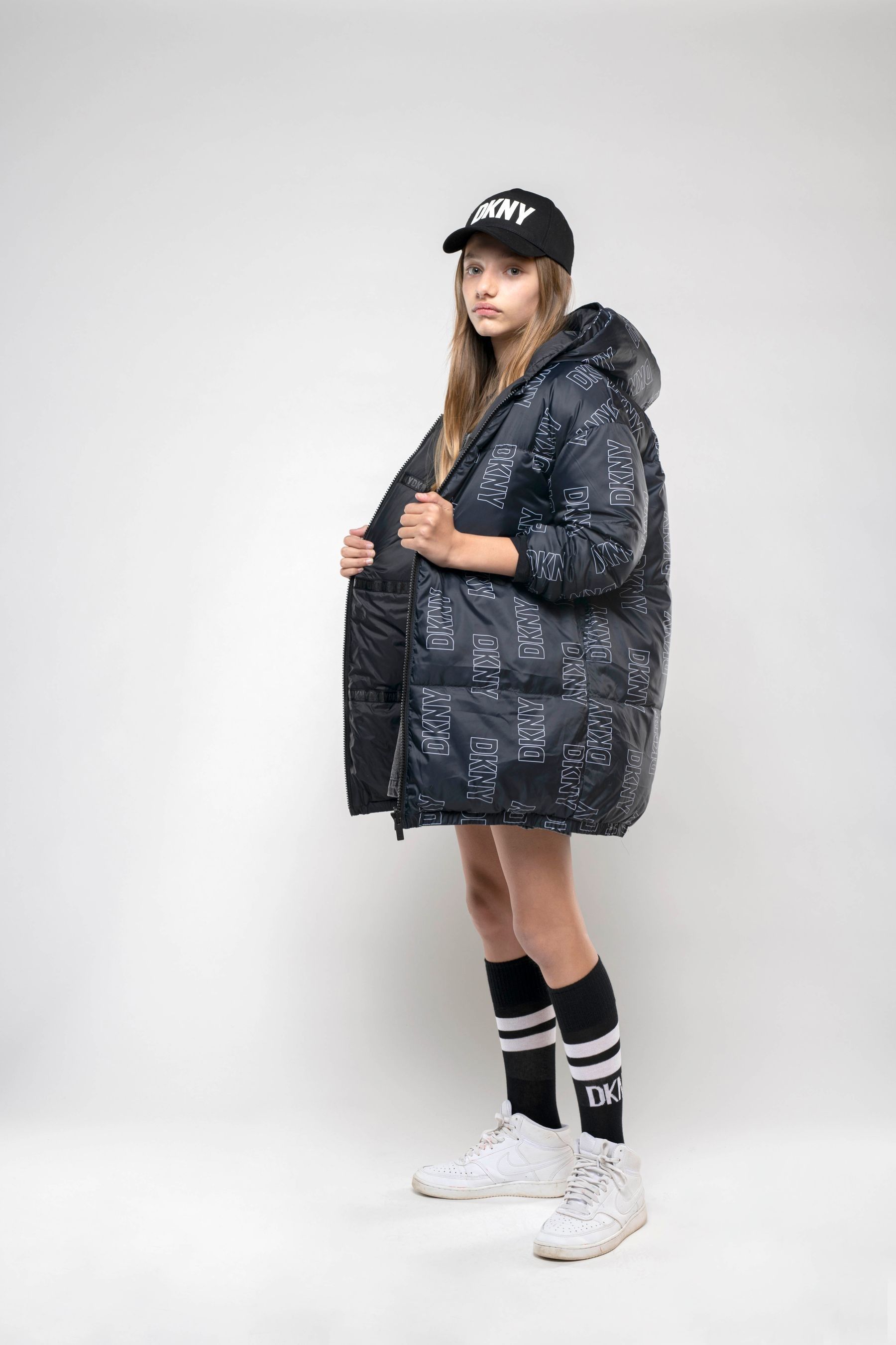 DKNY Black Logo Reversible Puffer Coat