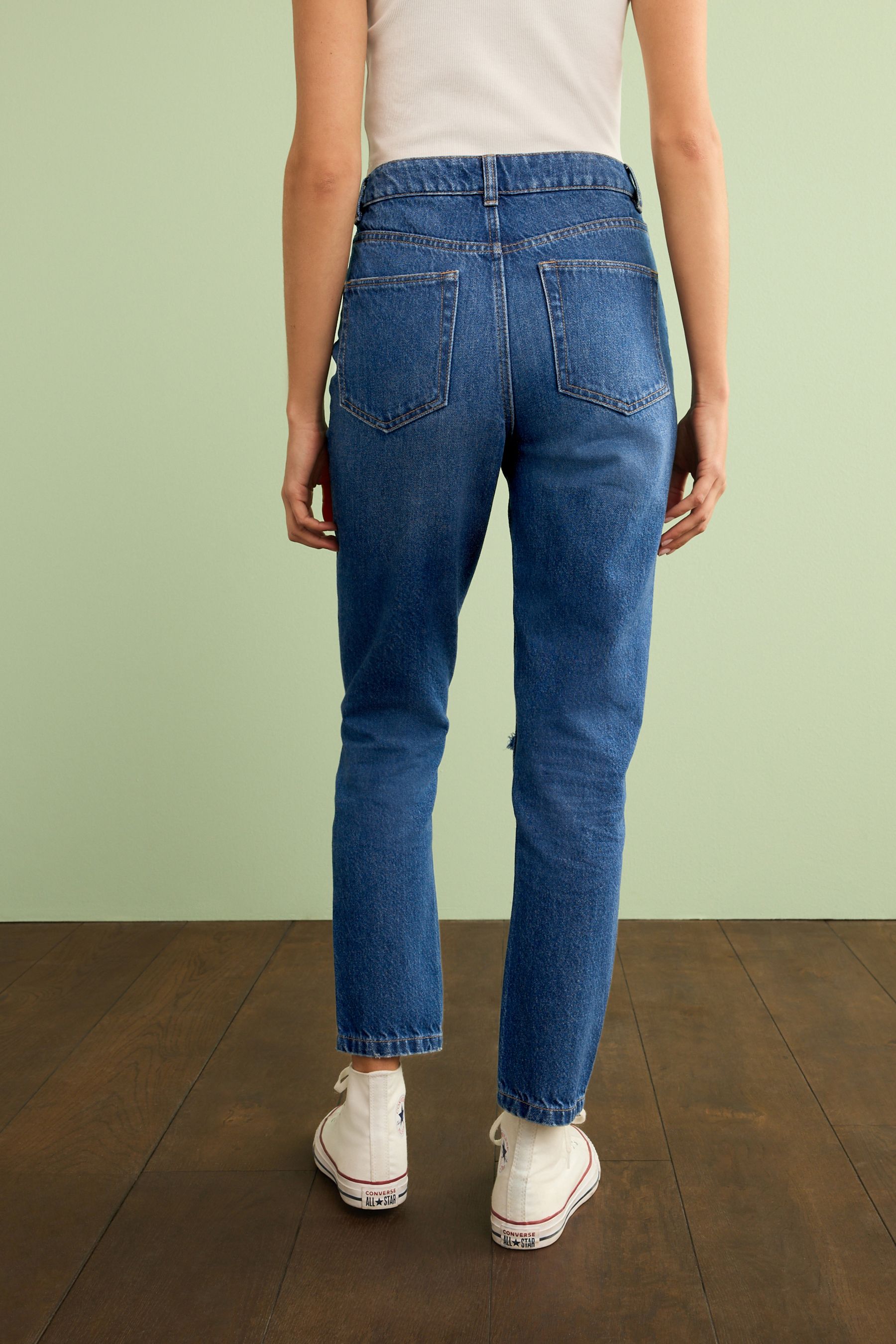 Mom jeans with knee rips sales