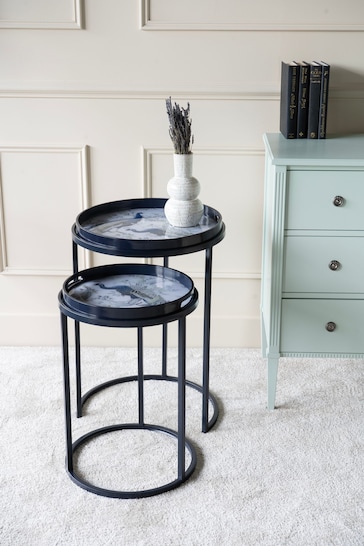 Laura Ashley Set of 2 Blue Belvedere Peacock Print Side Tables
