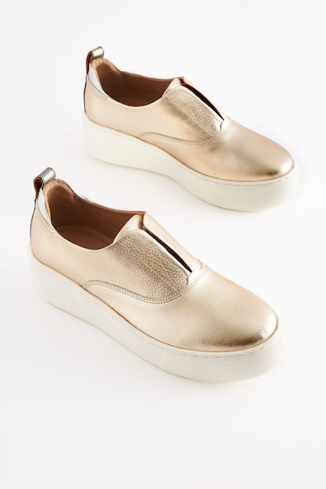 Gold Slip On Signature Forever Comfort® Leather Chunky Wedges Platform Trainers