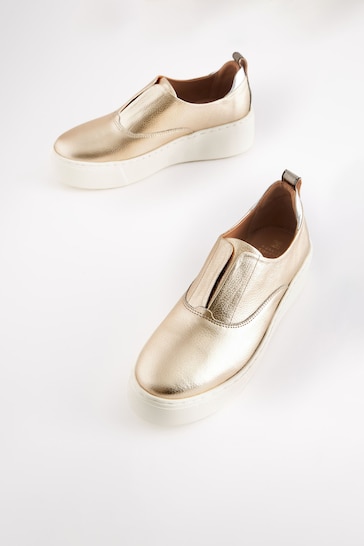 Gold Slip On Signature Forever Comfort® Leather Chunky Wedges Platform Trainers