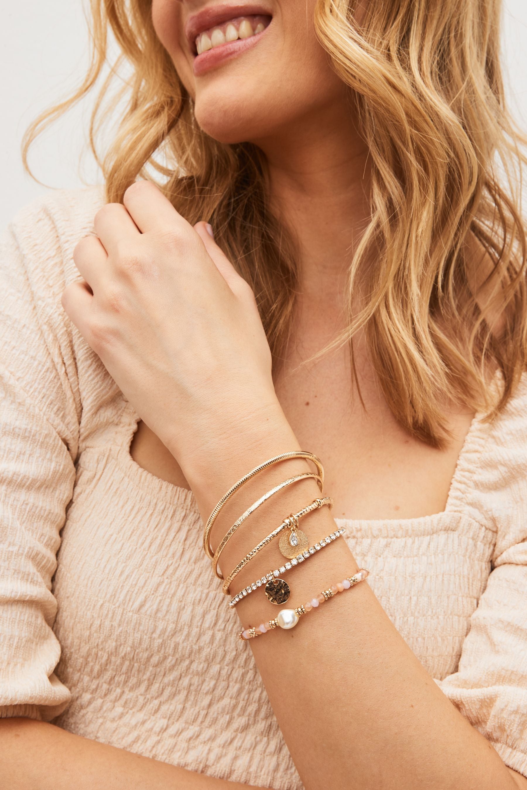 Buy Pink Gold Tone Beaded Stretch Bracelet and Bangle Pack from