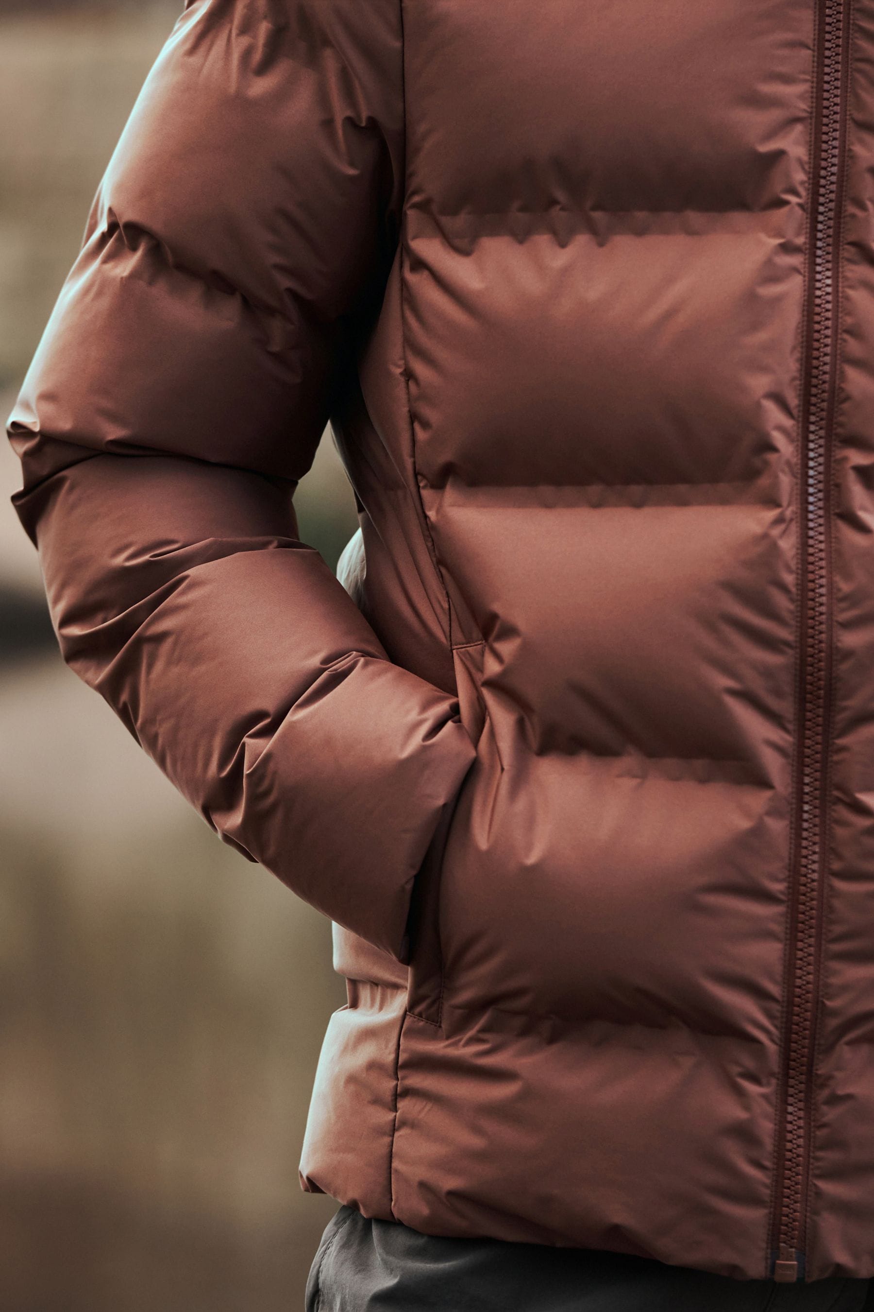 Rust Brown Non Hooded Shower Resistant Hooded Puffer Jacket