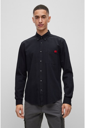 HUGO Black Square Logo Buttondown Long Sleeve Shirt