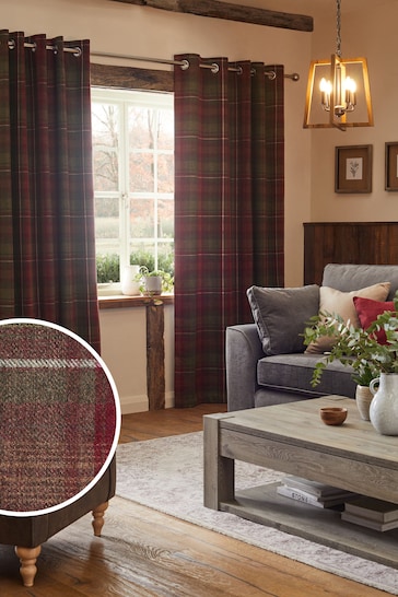 Red Next Highland Check Lined Eyelet Curtains