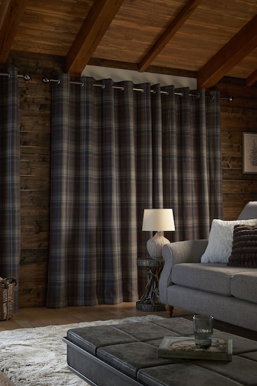 Blue/Grey Next Alpine Check Lined Eyelet Curtains