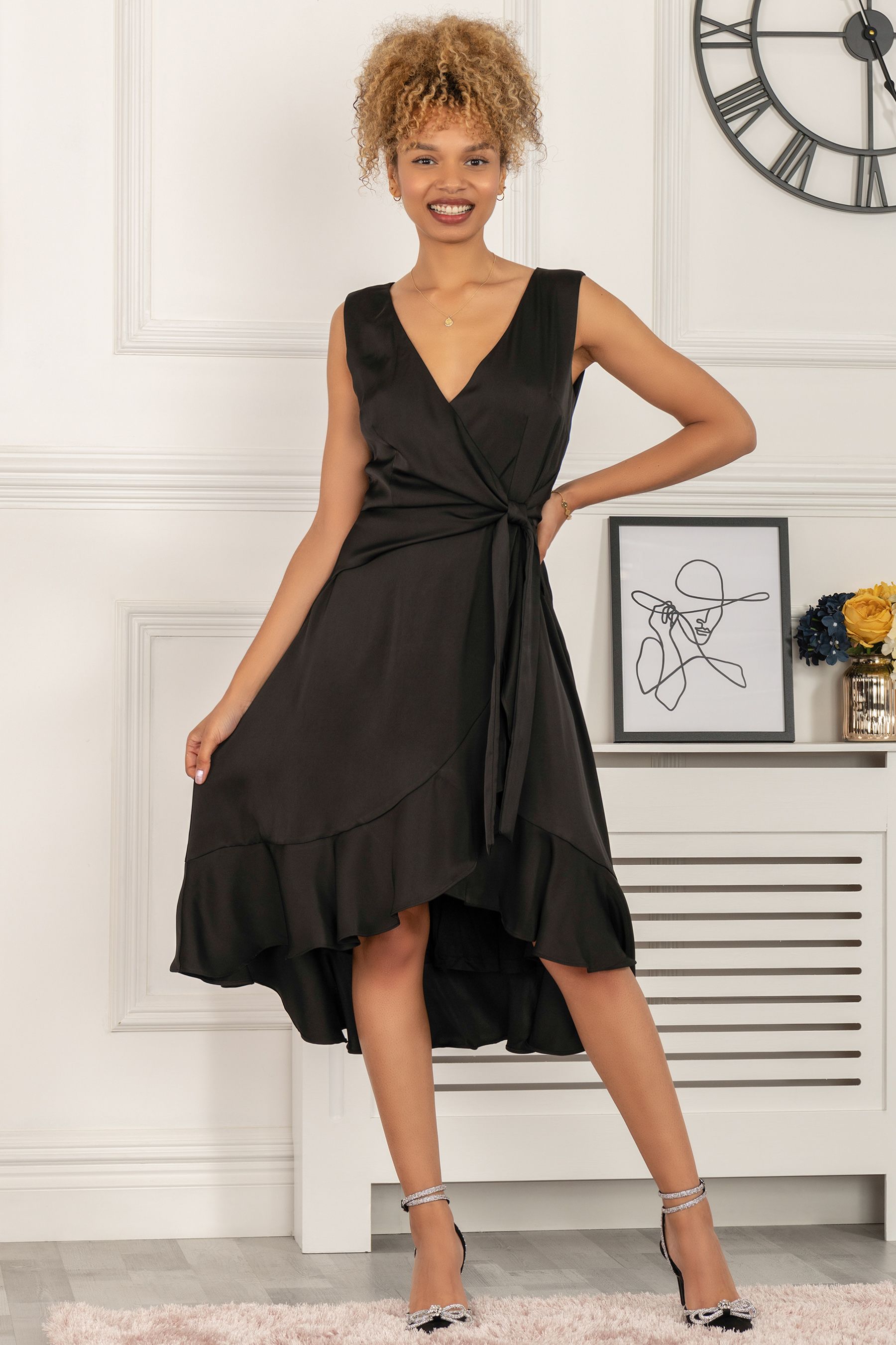Buy Jolie Moi Sherlyn Wrap Flounce Hem Black Dress from the Next