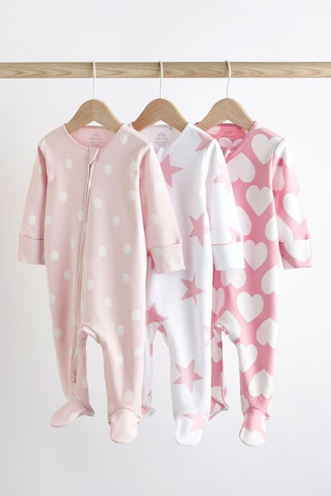 Pink/White Baby Two Way Zip Sleespuits 3 Pack (0-3yrs)