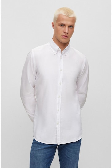 BOSS White Regular Fit Buttondown Oxford Long Sleeve Shirt