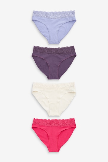 Pink/Purple/Cream High Leg Cotton and Lace Knickers 4 Pack