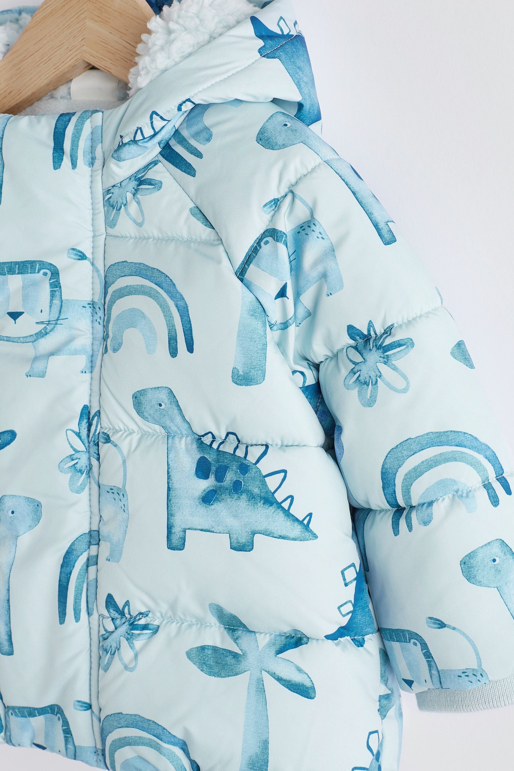 Blue Dinosaur Hooded Baby Puffer Jacket 0mths 2yrs
