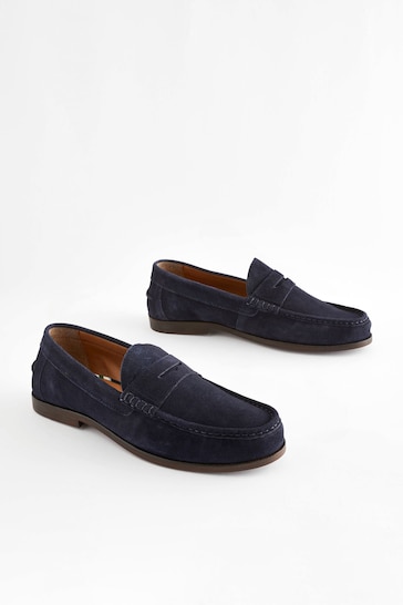 Navy Blue Suede Wide Fit Penny Loafers