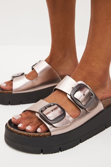 Pewter Silver Forever Comfort® Leather Double Buckle Flatform Shoes