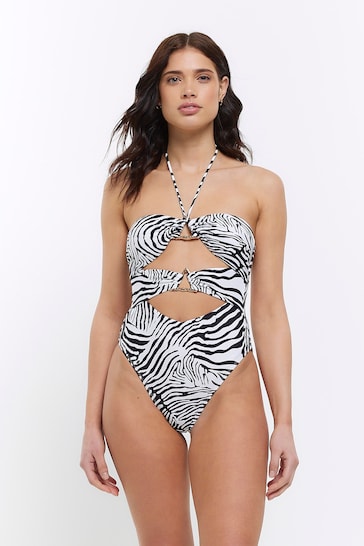 River Island White Animal Bandeau Cut Out Swimsuit