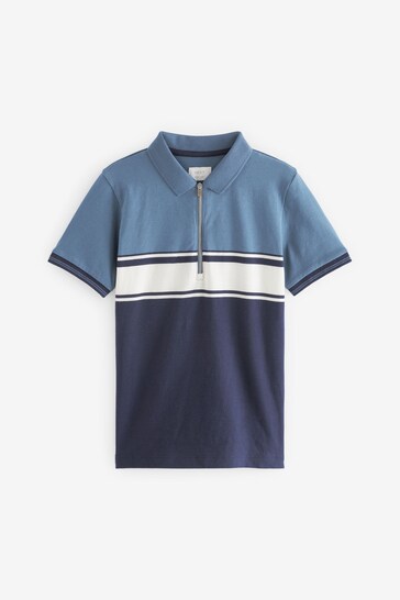 Blue/White Colour Block Short Sleeve Zip Neck Polo Penguin Shirt (3-16yrs)