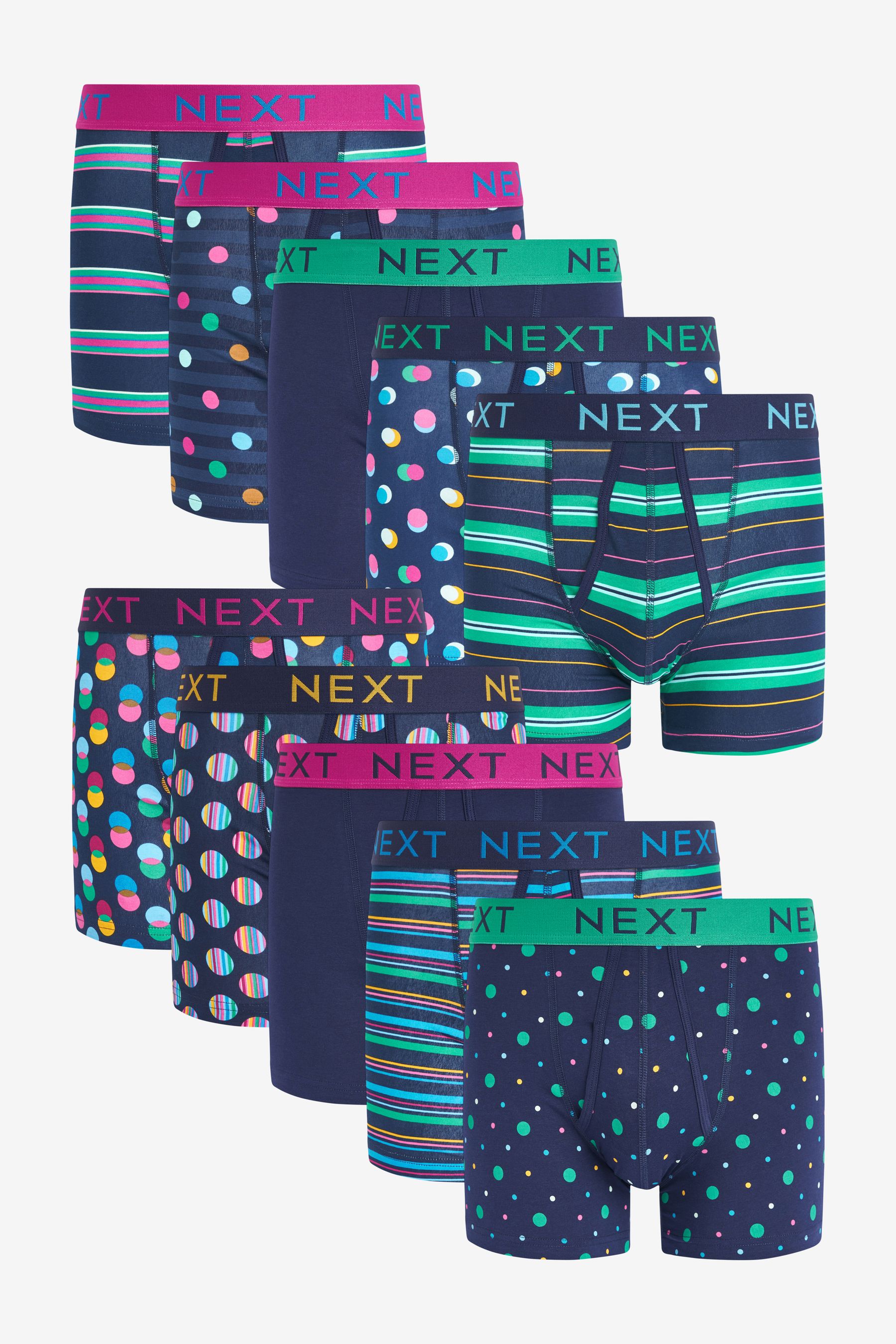 Buy Navy Spot Stripe Cotton 10 pack A Front Boxers from the Next