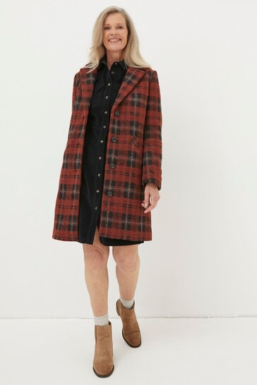 FatFace Red Tanya Wool Blend Check Coat