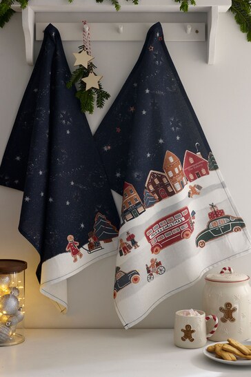 Set of 2 Navy Gingerbread Scene Tea Towels