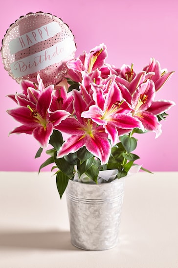 Pink Oriental Lily and Birthday Balloon Real Plant Gift Bag