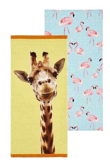 Catherine Lansfield 2 Pack Natural Flamingo Giraffe Beach Towels