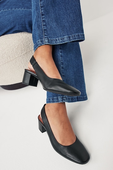 Black Regular/Wide Fit Forever Comfort® Leather Slingback Low Block Heels