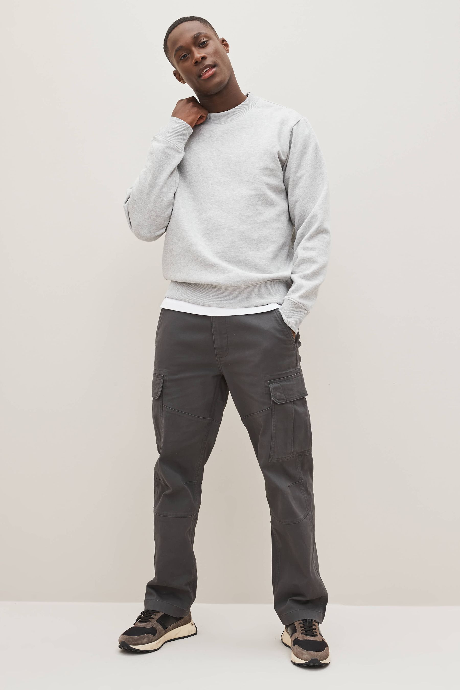 Charcoal Grey Straight Cotton Stretch Cargo Trousers
