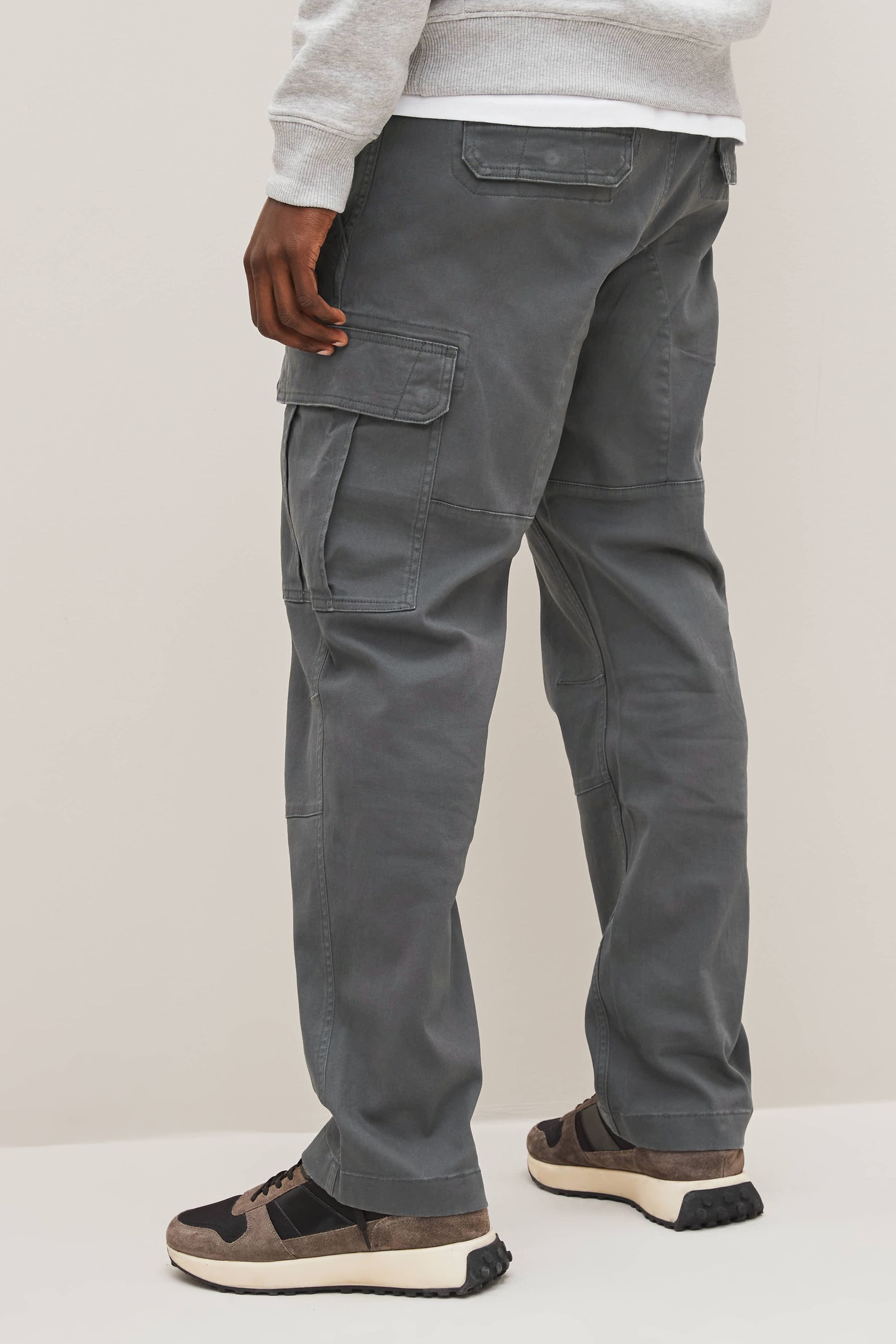 Grey Charcoal Straight Fit Cotton Stretch Cargo Trousers