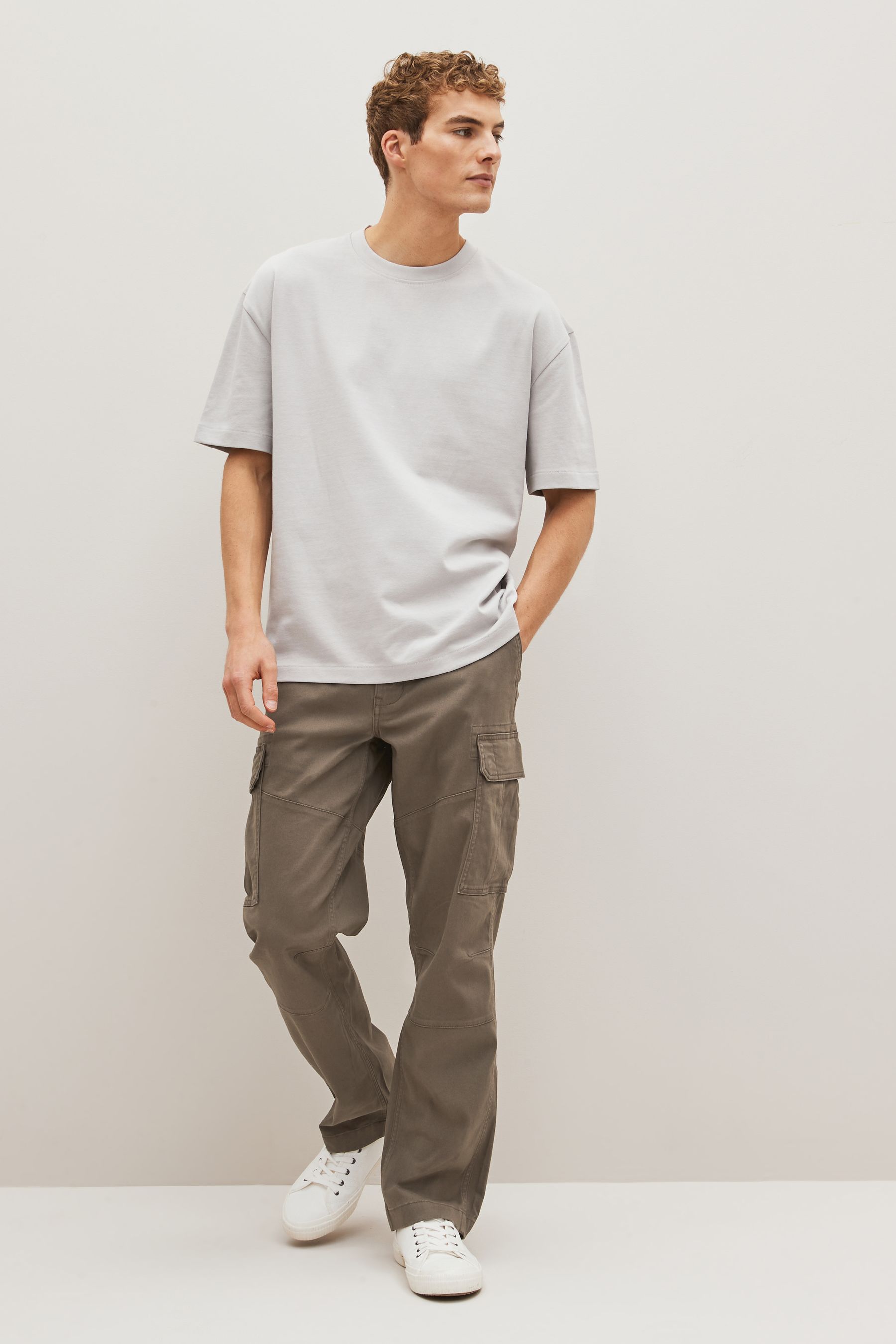 Buy Pebble Grey Straight Cotton Stretch Cargo Trousers from the