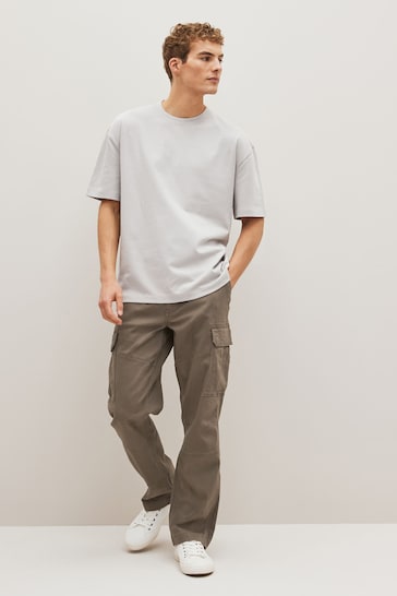 Mushroom Brown Straight Fit Cotton Stretch Cargo Trousers