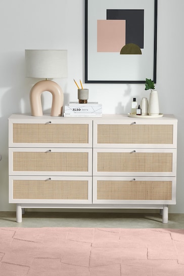 MADE.COM White Washed Oak Effect Pavia Natural Rattan Wide Chest of Drawers