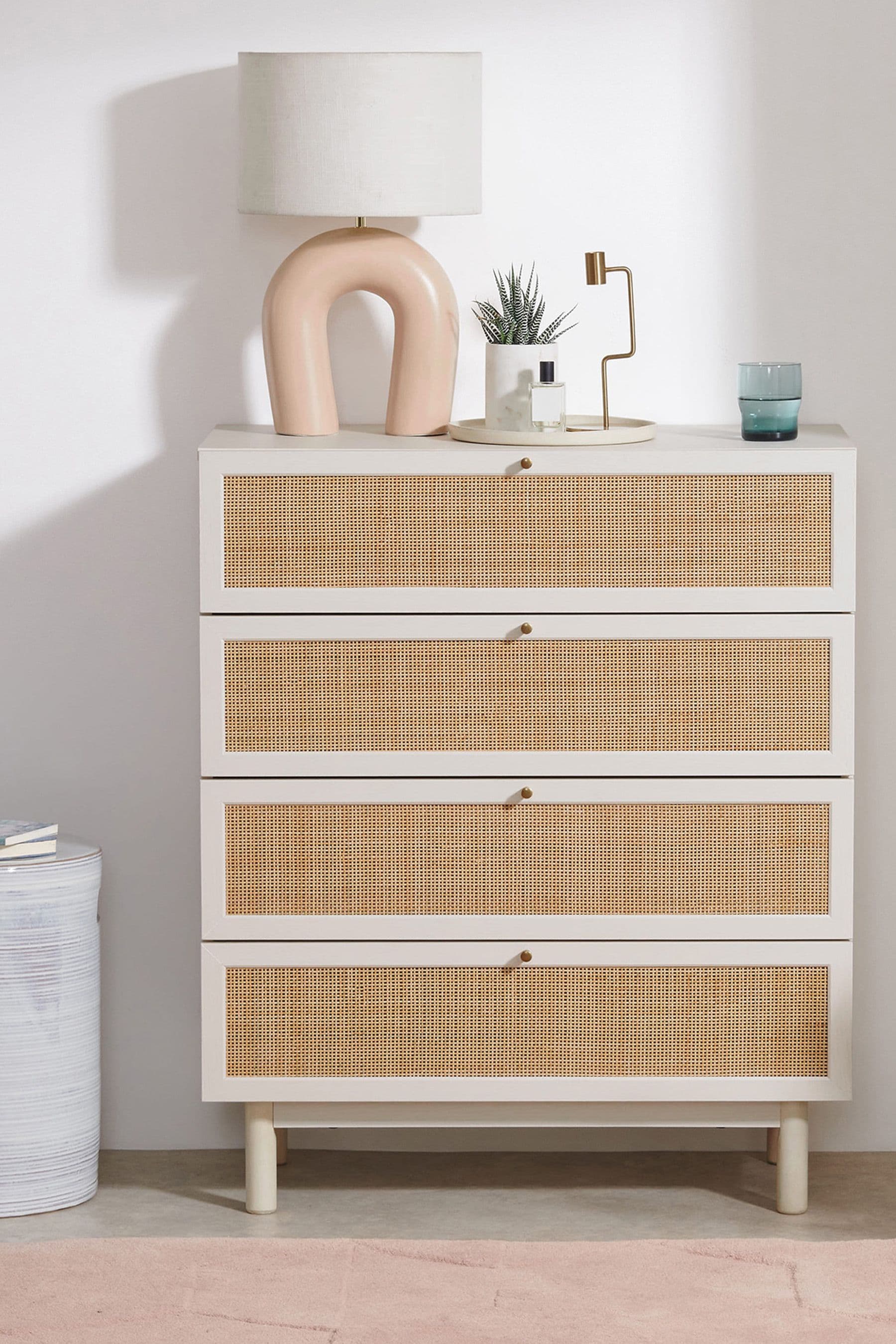 MADE.COM White Washed Oak Effect Pavia Natural Rattan 4 Drawer Chest of Drawers