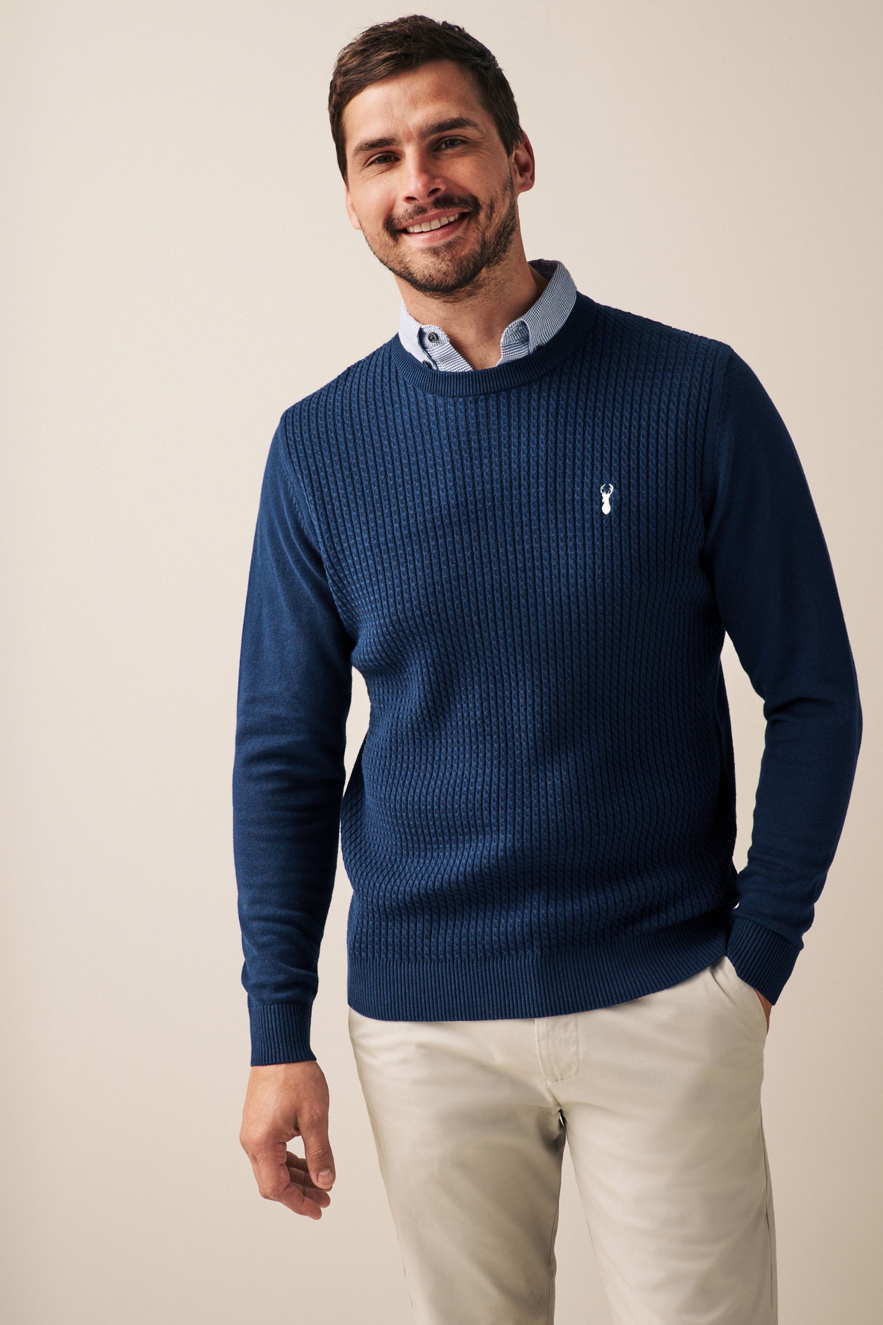 Navy sweater store outfit men