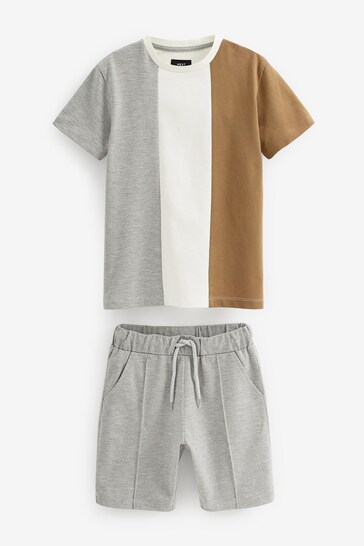 Grey/Tan Brown Colourblock T-Shirt materials And Shorts Set (3-16yrs)