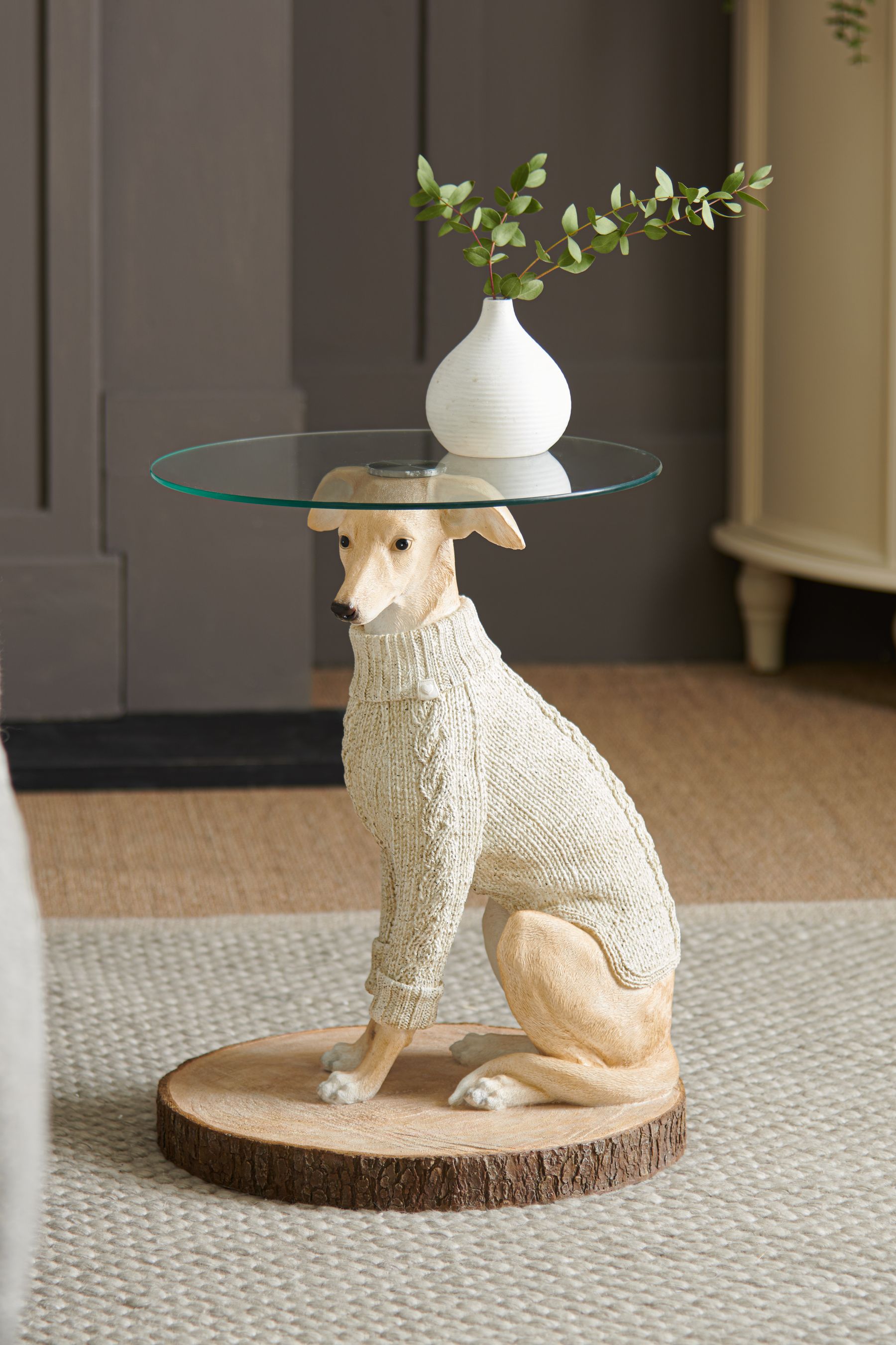 Natural Whippet Dog Glass Resin Side Table